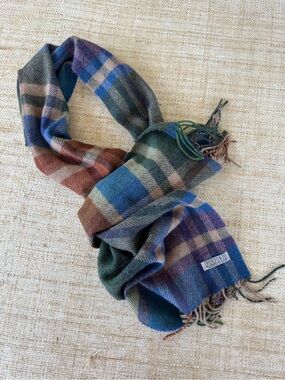 FOXFORD Tartan Lambswool Neck Scarf Blue Green Fringe Classic West Ireland Plaid